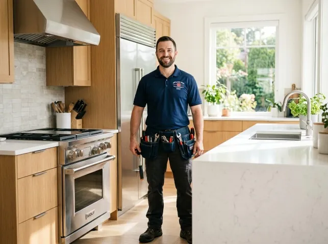 Appliance Repair Hero technician in a Barrington, RI kitchen after an appliance repair
